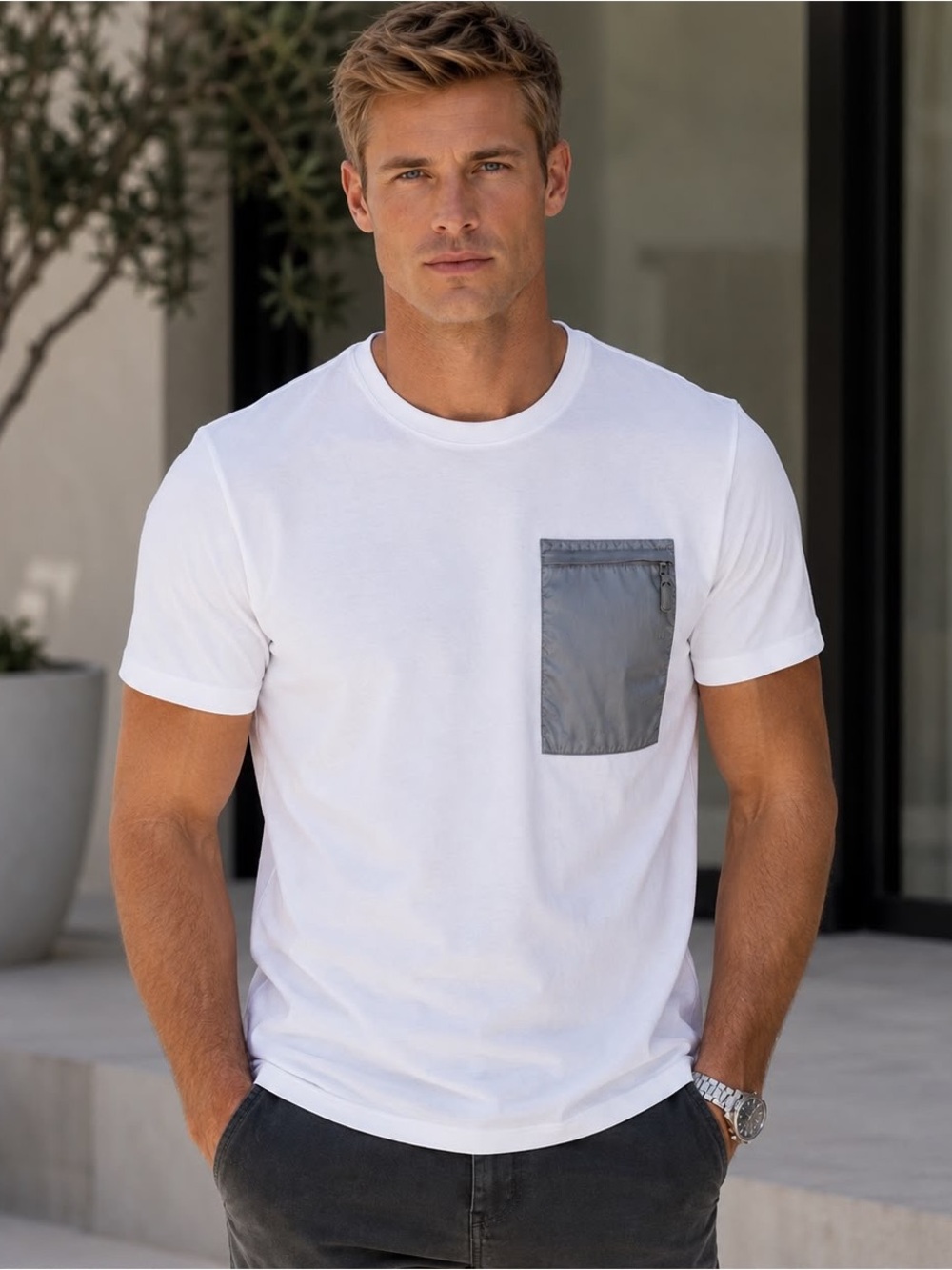 GUESS Originals White T-Shirt with Nylon Zip Pocket Size S - Picture 1 of 8